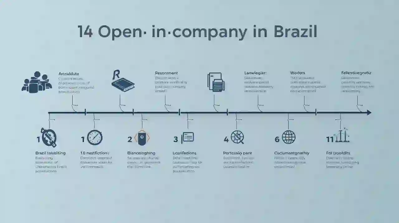 Step-by-step roadmap for opening a business in Brazil shown as a timeline