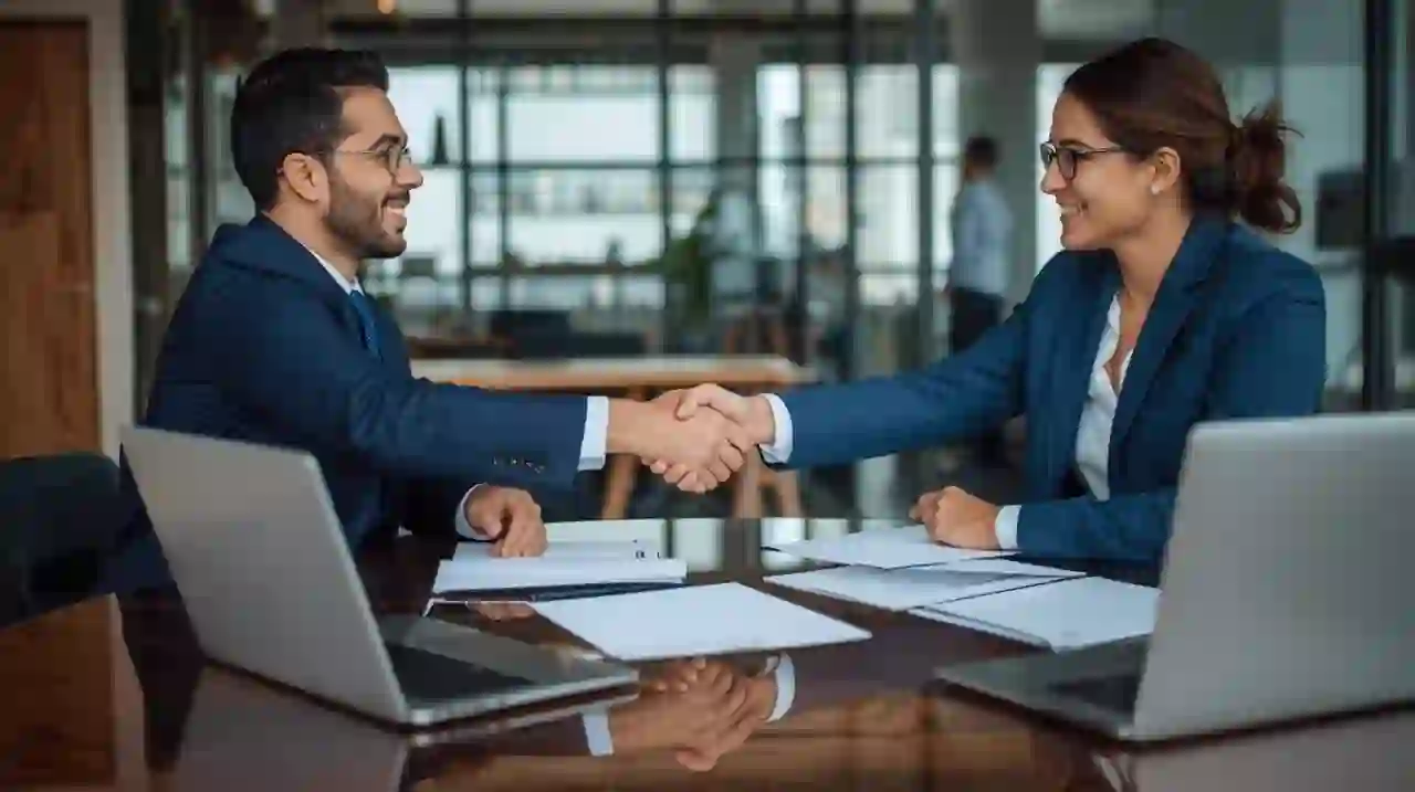 Brazilian legal representative shaking hands with a foreign business owner