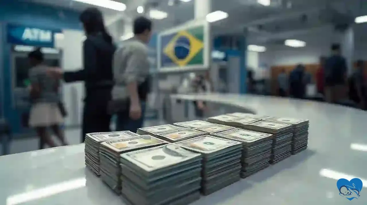 Currency exchange in Brazil: cash, reais, an ATM, and a legal exchange bureau setting